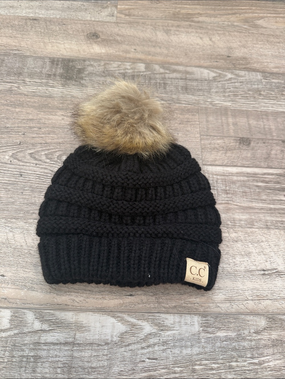 C.C. Boutique Black Knit Kids Beanie with Brown Faux Fur Pom